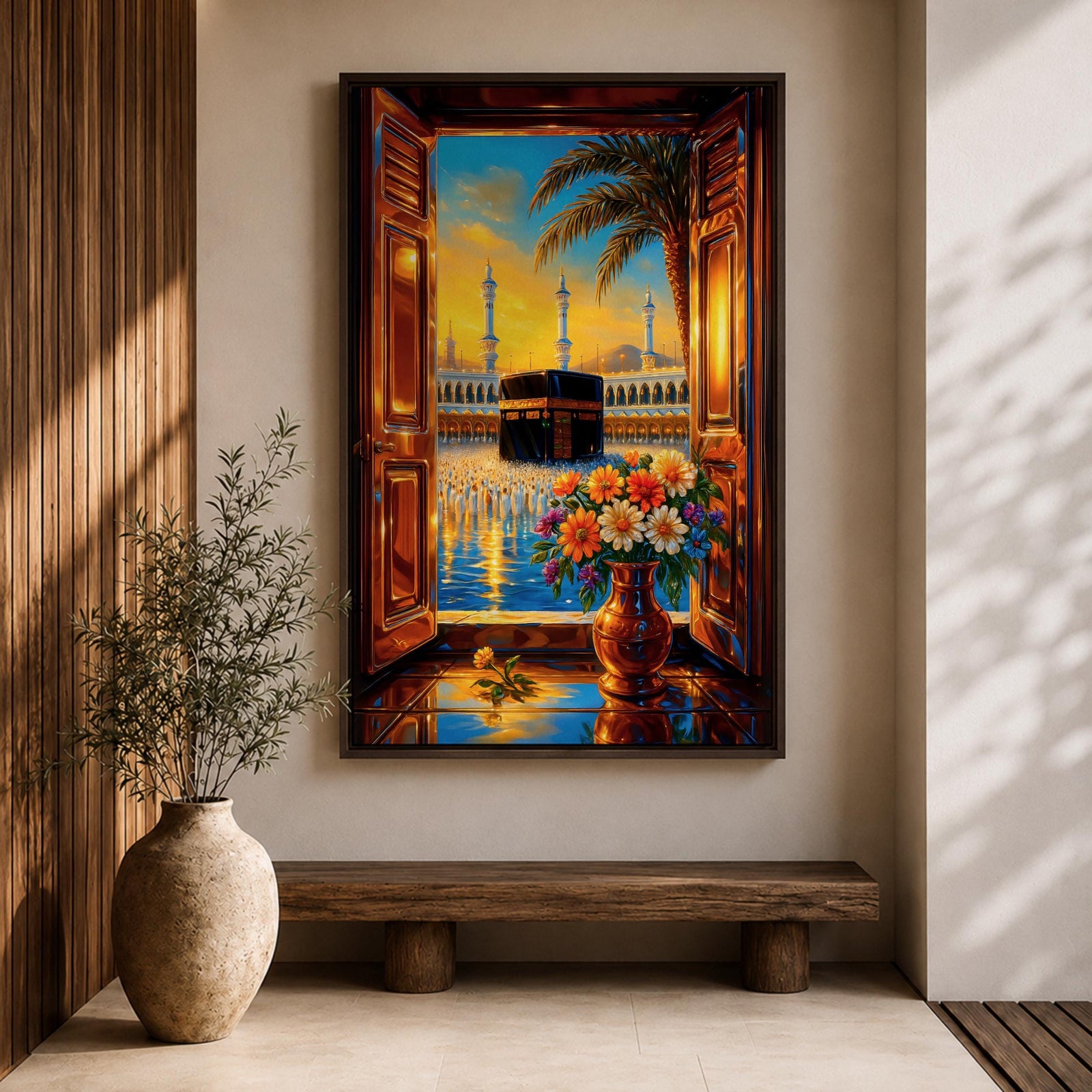 Detailed painting of the Kaaba inside Masjid al-Haram seen through open wooden window shutters, creating a framed window perspective toward the sacred sanctuary. Tall mosque minarets rise behind the Kaaba while a palm tree curves across the sky, with a decorative vase of flowers in the foreground in an ornate Arabic-inspired artistic style.