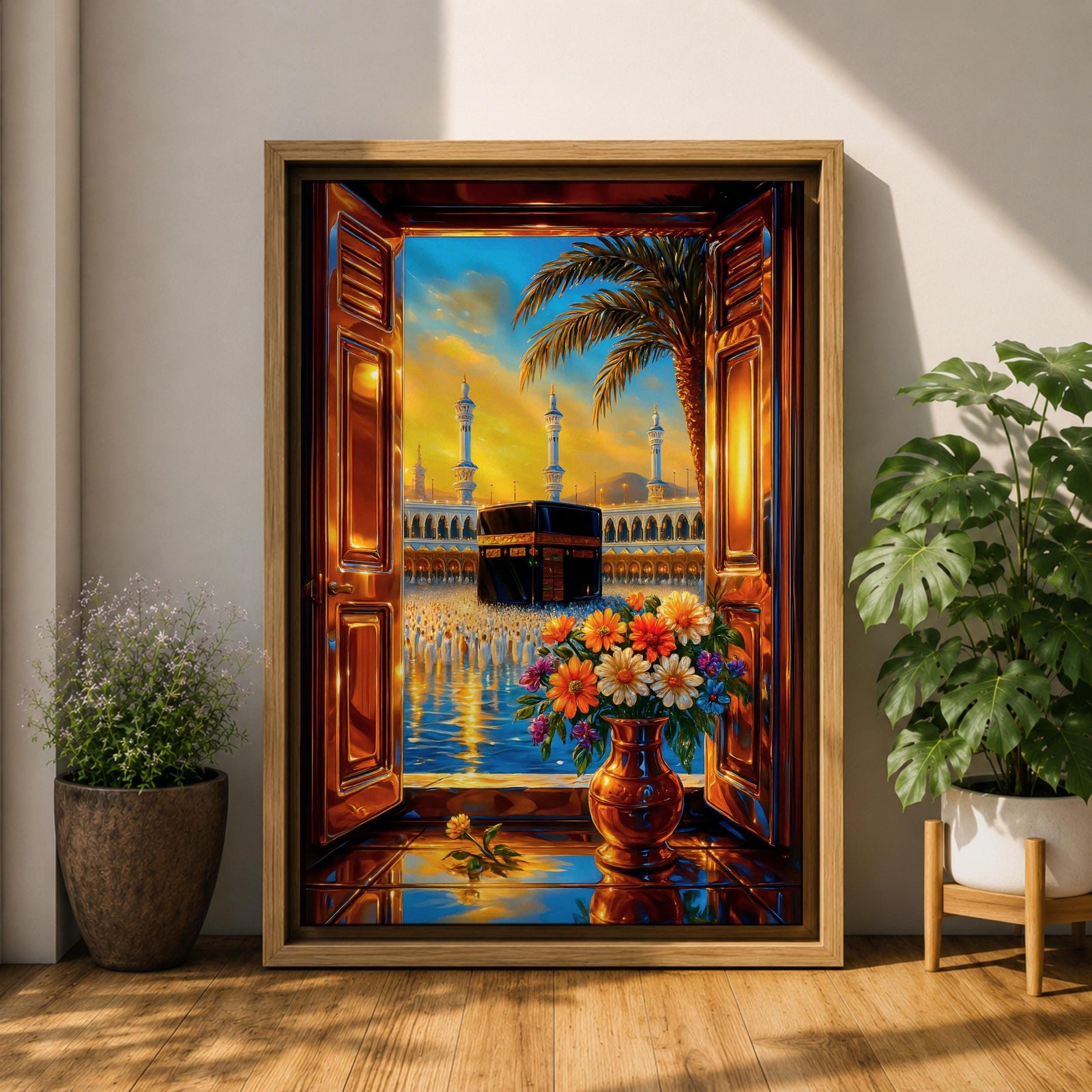 Detailed painting of the Kaaba inside Masjid al-Haram seen through open wooden window shutters, creating a framed window perspective toward the sacred sanctuary. Tall mosque minarets rise behind the Kaaba while a palm tree curves across the sky, with a decorative vase of flowers in the foreground in an ornate Arabic-inspired artistic style.