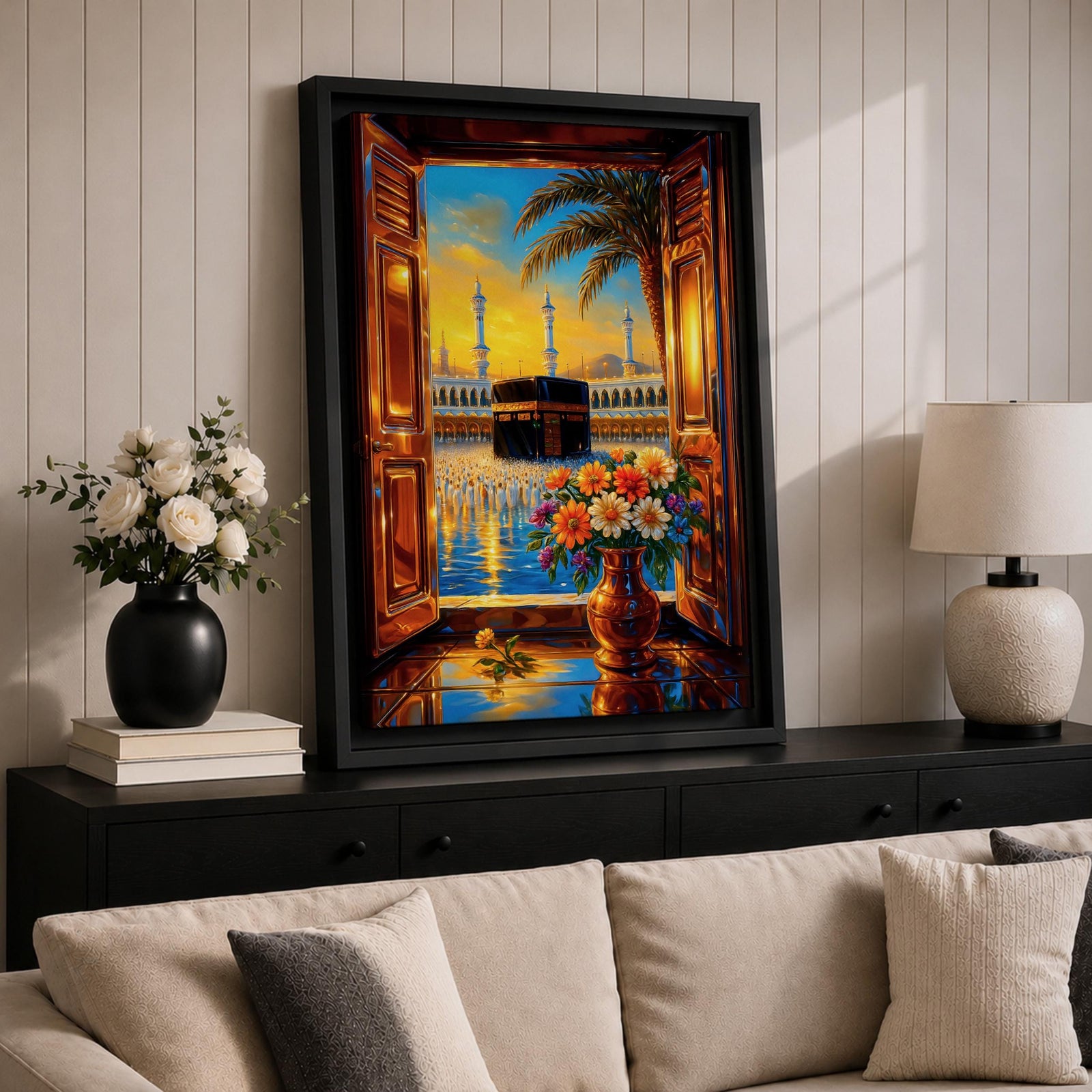 Detailed painting of the Kaaba inside Masjid al-Haram seen through open wooden window shutters, creating a framed window perspective toward the sacred sanctuary. Tall mosque minarets rise behind the Kaaba while a palm tree curves across the sky, with a decorative vase of flowers in the foreground in an ornate Arabic-inspired artistic style.