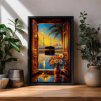 Detailed painting of the Kaaba inside Masjid al-Haram seen through open wooden window shutters, creating a framed window perspective toward the sacred sanctuary. Tall mosque minarets rise behind the Kaaba while a palm tree curves across the sky, with a decorative vase of flowers in the foreground in an ornate Arabic-inspired artistic style.