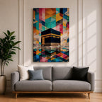 Geometric mosaic style painting of the Kaaba centered in the composition with structured tessellated shapes and layered geometric forms surrounding the sacred cube, creating a modern Islamic inspired pattern background with reflective ground beneath the Kaaba and intricate geometric design throughout the scene.