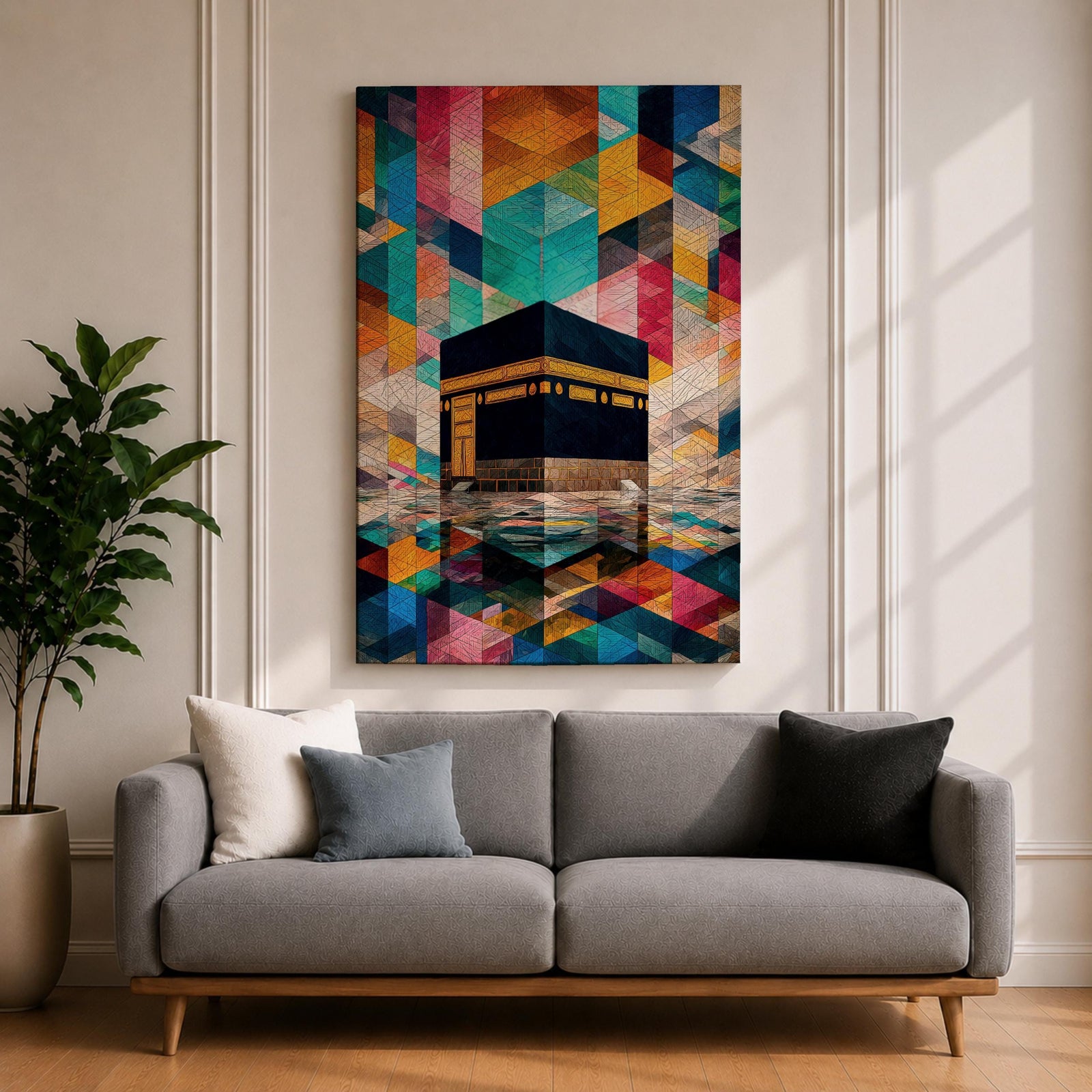 Geometric mosaic style painting of the Kaaba centered in the composition with structured tessellated shapes and layered geometric forms surrounding the sacred cube, creating a modern Islamic inspired pattern background with reflective ground beneath the Kaaba and intricate geometric design throughout the scene.