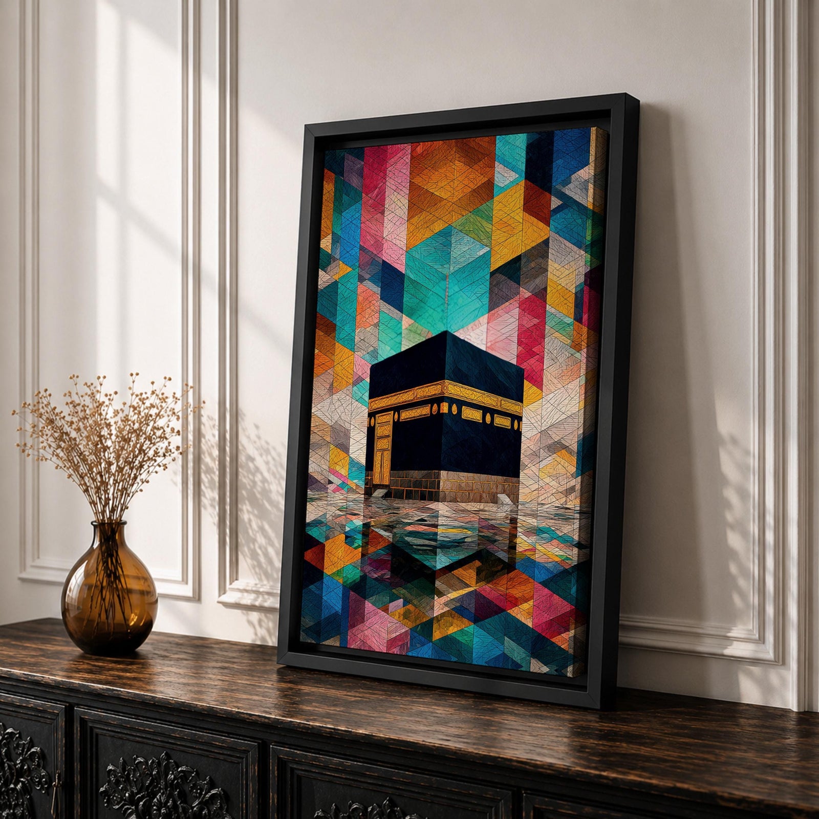 Geometric mosaic style painting of the Kaaba centered in the composition with structured tessellated shapes and layered geometric forms surrounding the sacred cube, creating a modern Islamic inspired pattern background with reflective ground beneath the Kaaba and intricate geometric design throughout the scene.