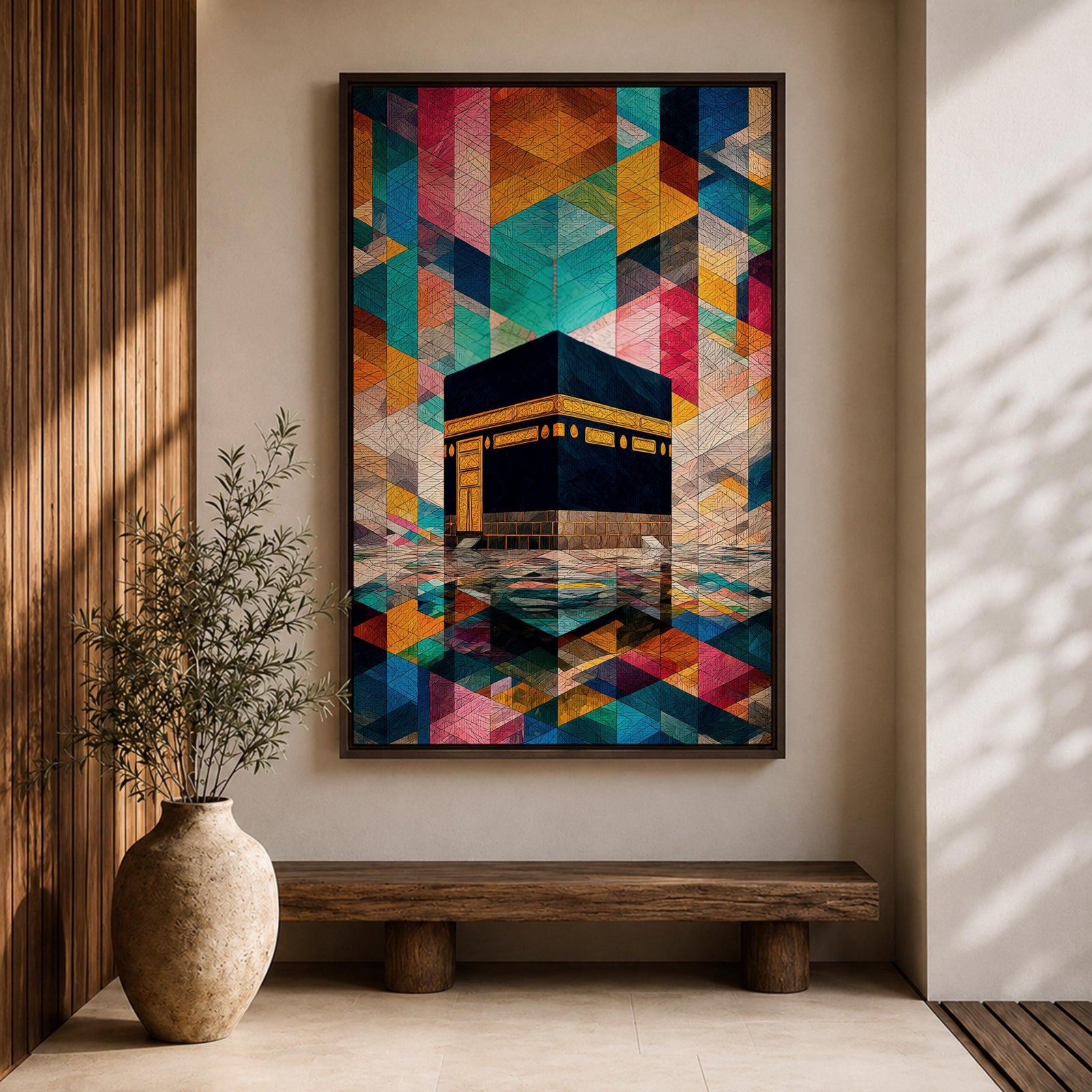 Geometric mosaic style painting of the Kaaba centered in the composition with structured tessellated shapes and layered geometric forms surrounding the sacred cube, creating a modern Islamic inspired pattern background with reflective ground beneath the Kaaba and intricate geometric design throughout the scene.