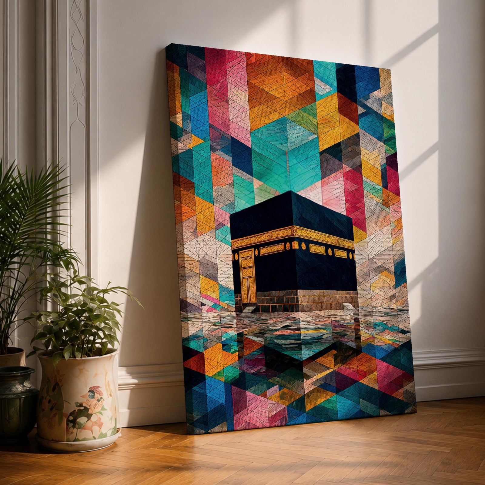 Geometric mosaic style painting of the Kaaba centered in the composition with structured tessellated shapes and layered geometric forms surrounding the sacred cube, creating a modern Islamic inspired pattern background with reflective ground beneath the Kaaba and intricate geometric design throughout the scene.