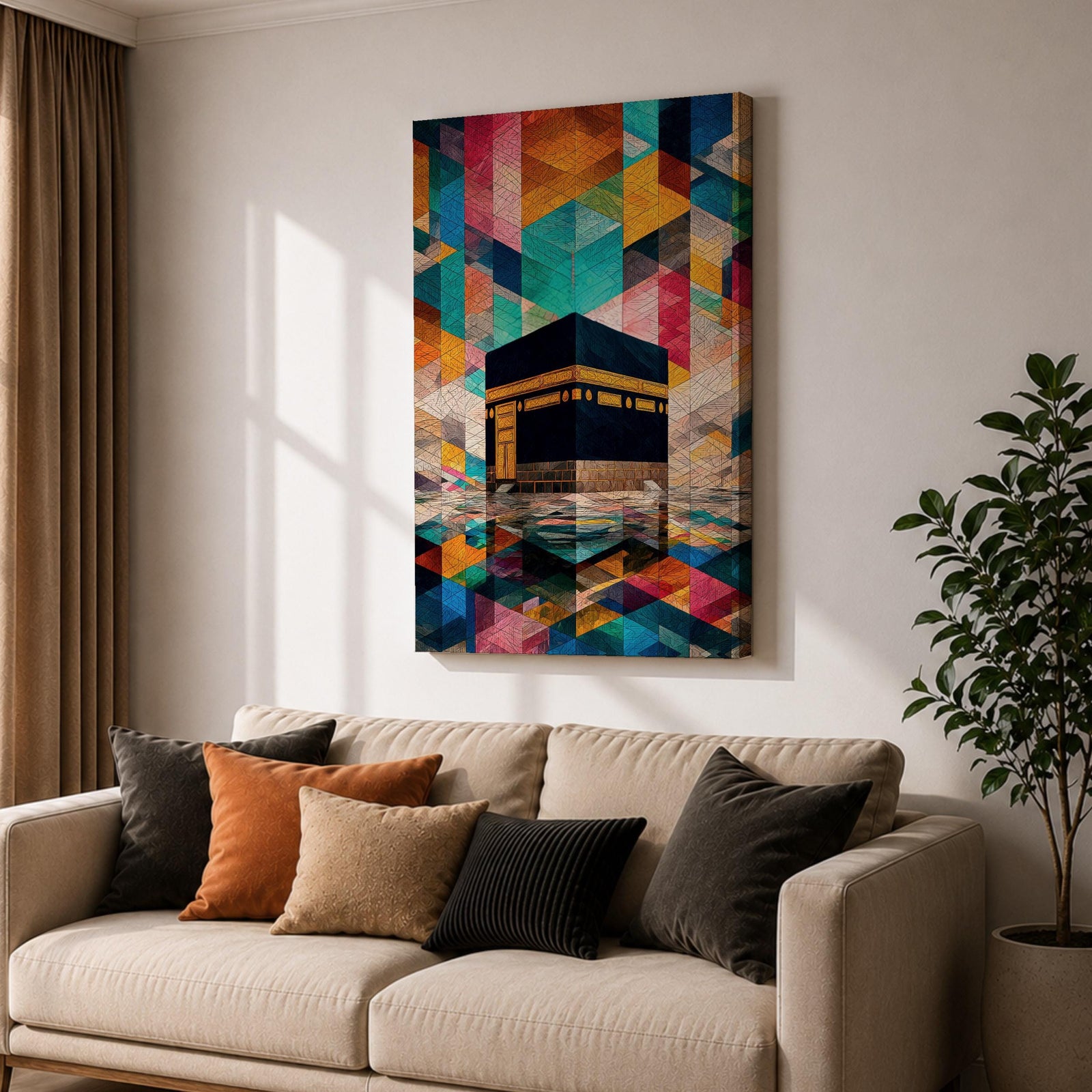 Geometric mosaic style painting of the Kaaba centered in the composition with structured tessellated shapes and layered geometric forms surrounding the sacred cube, creating a modern Islamic inspired pattern background with reflective ground beneath the Kaaba and intricate geometric design throughout the scene.