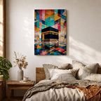 Geometric mosaic style painting of the Kaaba centered in the composition with structured tessellated shapes and layered geometric forms surrounding the sacred cube, creating a modern Islamic inspired pattern background with reflective ground beneath the Kaaba and intricate geometric design throughout the scene.