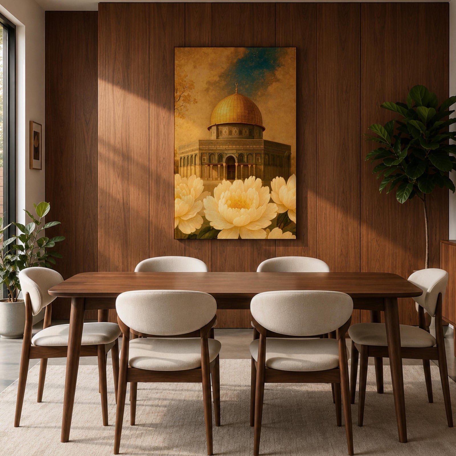 Painting of the Dome of the Rock in Jerusalem with its golden dome rising above the historic shrine and arched façade, surrounded by large blooming flowers in the foreground that frame the mosque structure, rendered in a classic Islamic inspired style emphasizing the sacred architecture and floral composition.