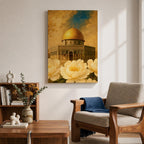 Painting of the Dome of the Rock in Jerusalem with its golden dome rising above the historic shrine and arched façade, surrounded by large blooming flowers in the foreground that frame the mosque structure, rendered in a classic Islamic inspired style emphasizing the sacred architecture and floral composition.