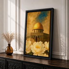 Painting of the Dome of the Rock in Jerusalem with its golden dome rising above the historic shrine and arched façade, surrounded by large blooming flowers in the foreground that frame the mosque structure, rendered in a classic Islamic inspired style emphasizing the sacred architecture and floral composition.