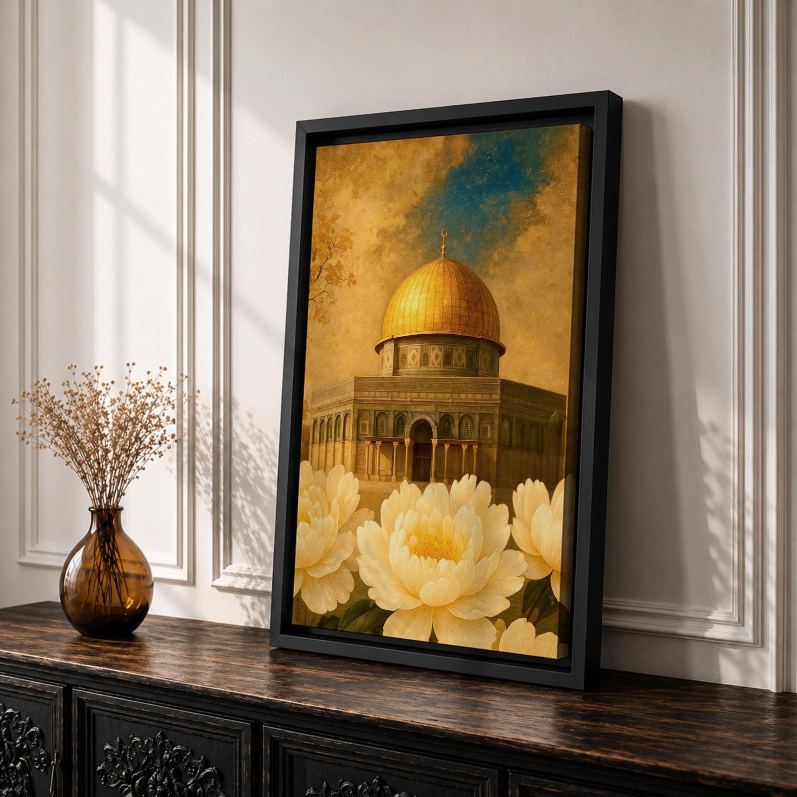 Painting of the Dome of the Rock in Jerusalem with its golden dome rising above the historic shrine and arched façade, surrounded by large blooming flowers in the foreground that frame the mosque structure, rendered in a classic Islamic inspired style emphasizing the sacred architecture and floral composition.