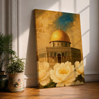 Painting of the Dome of the Rock in Jerusalem with its golden dome rising above the historic shrine and arched façade, surrounded by large blooming flowers in the foreground that frame the mosque structure, rendered in a classic Islamic inspired style emphasizing the sacred architecture and floral composition.