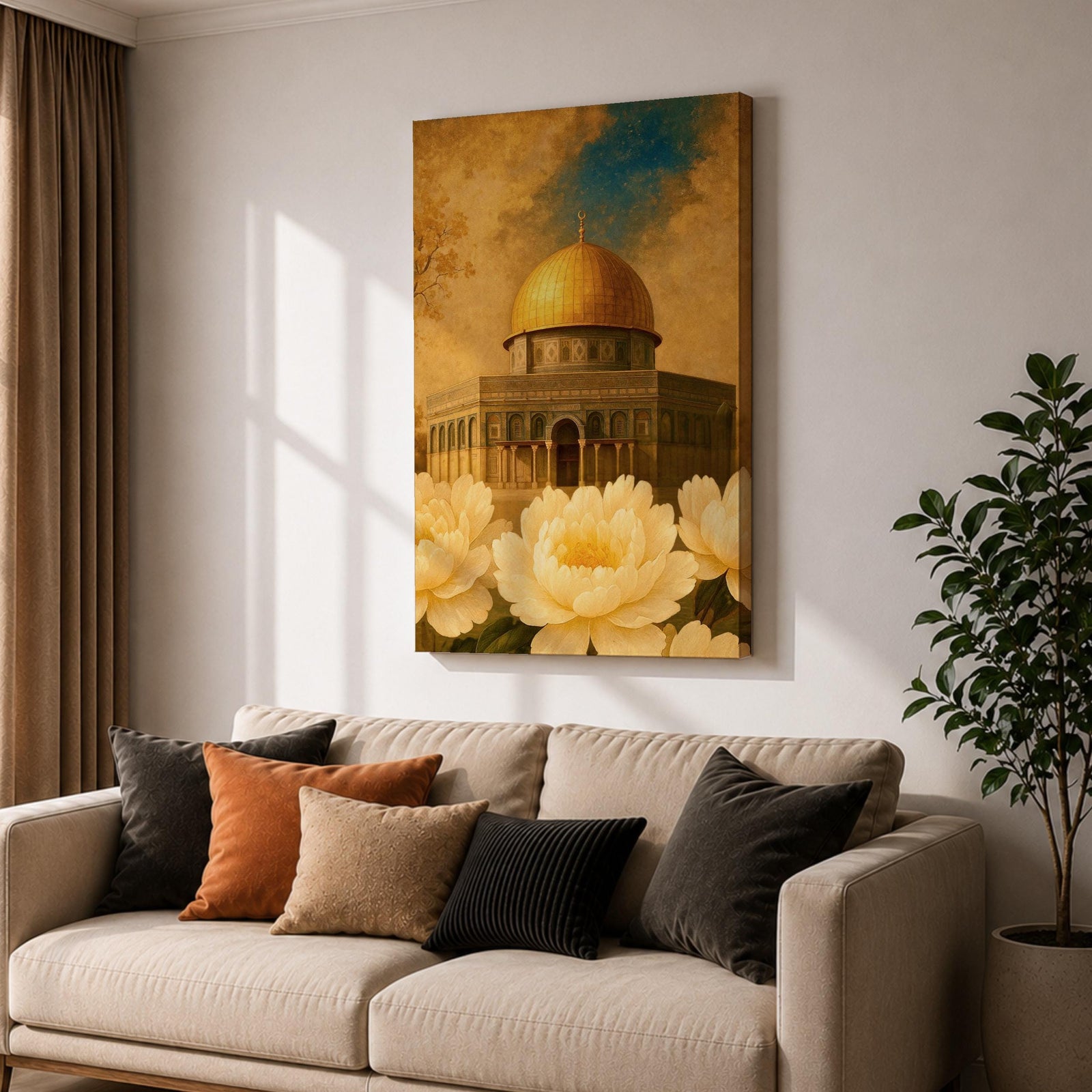 Painting of the Dome of the Rock in Jerusalem with its golden dome rising above the historic shrine and arched façade, surrounded by large blooming flowers in the foreground that frame the mosque structure, rendered in a classic Islamic inspired style emphasizing the sacred architecture and floral composition.