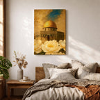 Painting of the Dome of the Rock in Jerusalem with its golden dome rising above the historic shrine and arched façade, surrounded by large blooming flowers in the foreground that frame the mosque structure, rendered in a classic Islamic inspired style emphasizing the sacred architecture and floral composition.