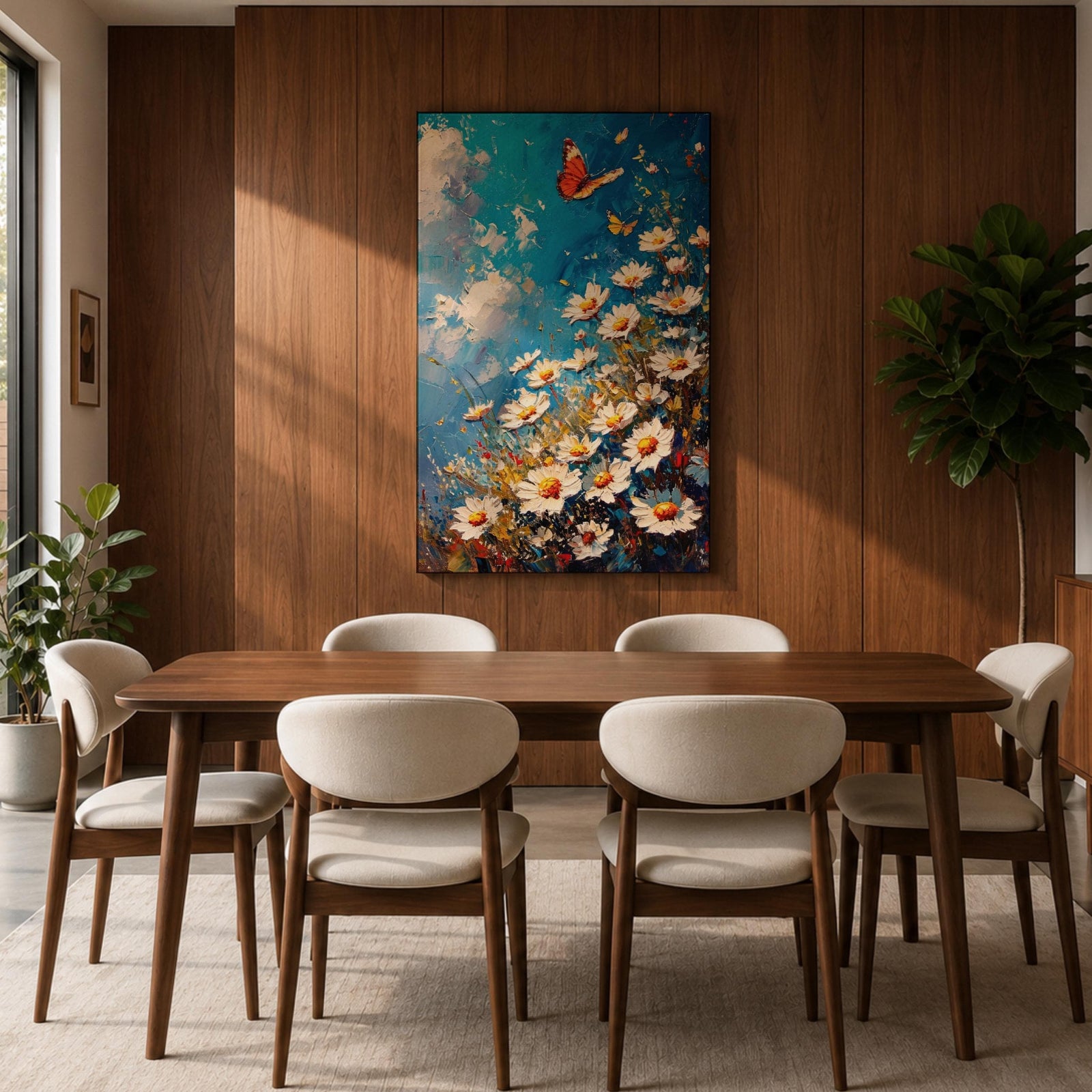 This impasto style framed canvas features a vibrant monarch butterfly fluttering above a cluster of white daisies with yellow centers against a textured blue sky background. The thick brushstrokes create a rich, textured floral composition emphasizing natural beauty and butterfly life in a lively garden scene.