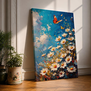 This impasto style framed canvas features a vibrant monarch butterfly fluttering above a cluster of white daisies with yellow centers against a textured blue sky background. The thick brushstrokes create a rich, textured floral composition emphasizing natural beauty and butterfly life in a lively garden scene.