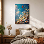 This impasto style framed canvas features a vibrant monarch butterfly fluttering above a cluster of white daisies with yellow centers against a textured blue sky background. The thick brushstrokes create a rich, textured floral composition emphasizing natural beauty and butterfly life in a lively garden scene.