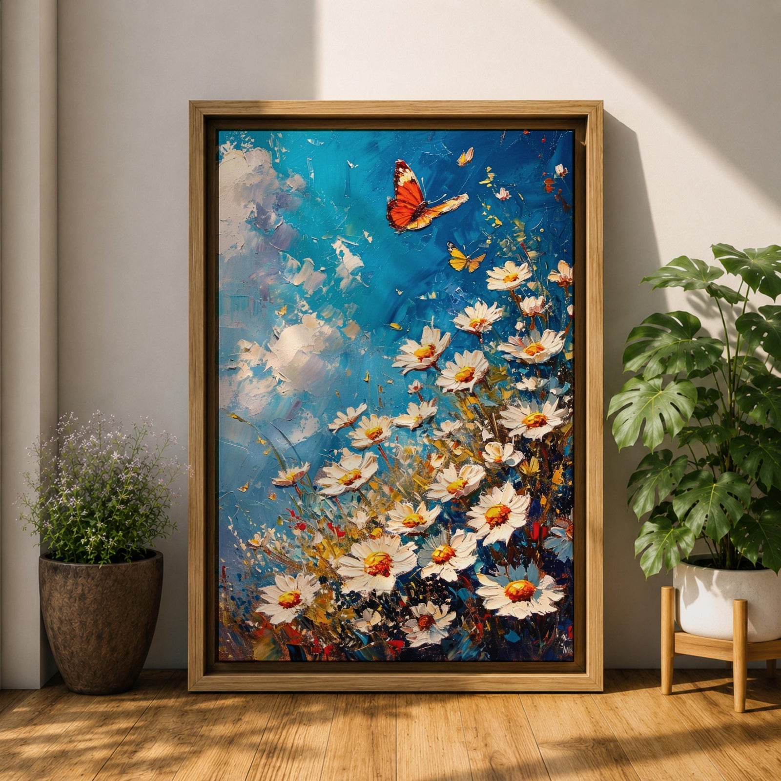 This impasto style framed canvas features a vibrant monarch butterfly fluttering above a cluster of white daisies with yellow centers against a textured blue sky background. The thick brushstrokes create a rich, textured floral composition emphasizing natural beauty and butterfly life in a lively garden scene.