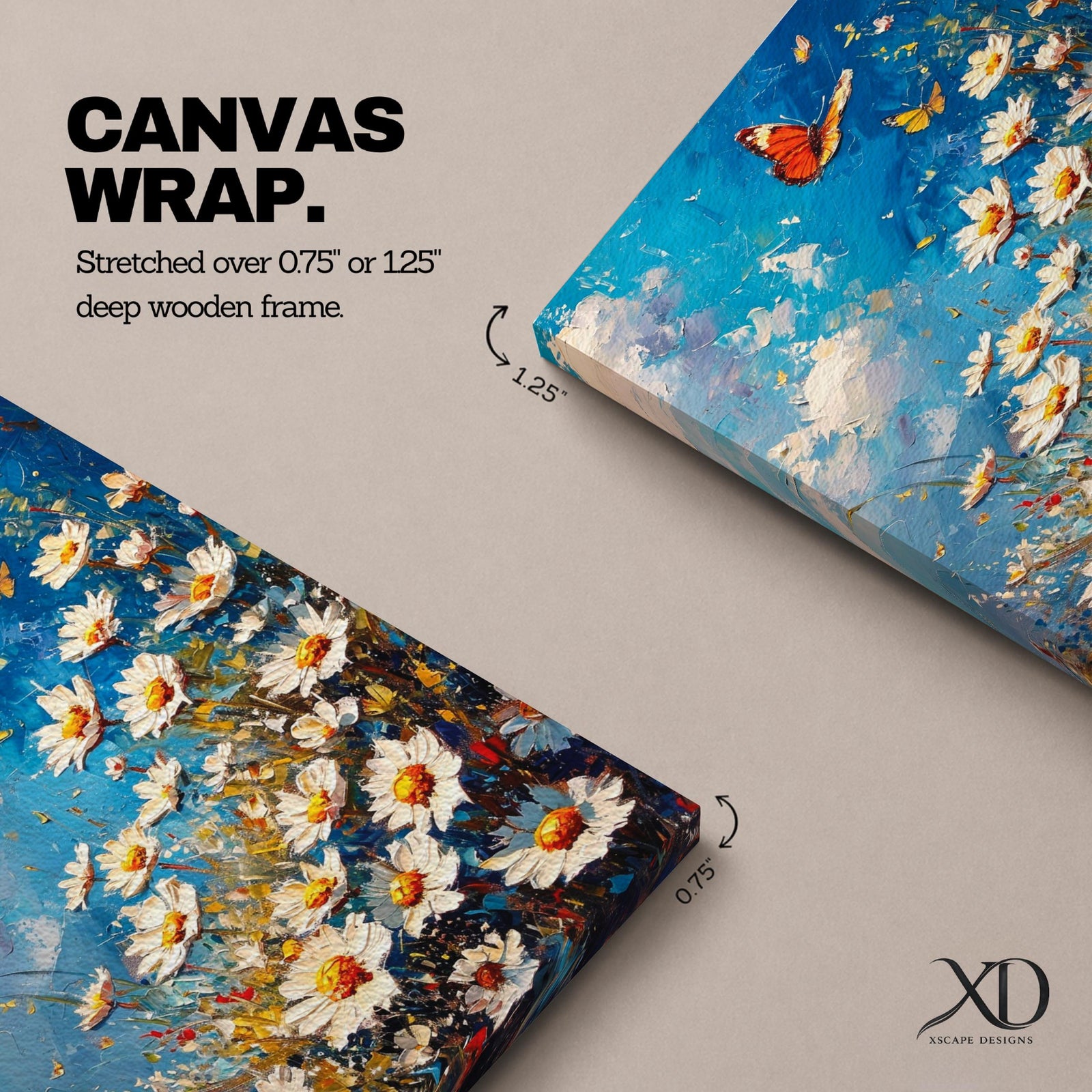 This impasto style framed canvas features a vibrant monarch butterfly fluttering above a cluster of white daisies with yellow centers against a textured blue sky background. The thick brushstrokes create a rich, textured floral composition emphasizing natural beauty and butterfly life in a lively garden scene.