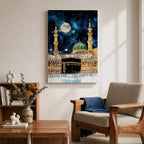Painting of the Kaaba at Masjid Al Haram under a night sky filled with stars and a large full moon, surrounded by illuminated mosque arcades and tall minarets with pilgrims gathered around the sacred cube, while the green dome of Masjid Al Nabawi appears in the background within the composition.