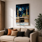 Painting of the Kaaba at Masjid Al Haram under a night sky filled with stars and a large full moon, surrounded by illuminated mosque arcades and tall minarets with pilgrims gathered around the sacred cube, while the green dome of Masjid Al Nabawi appears in the background within the composition.