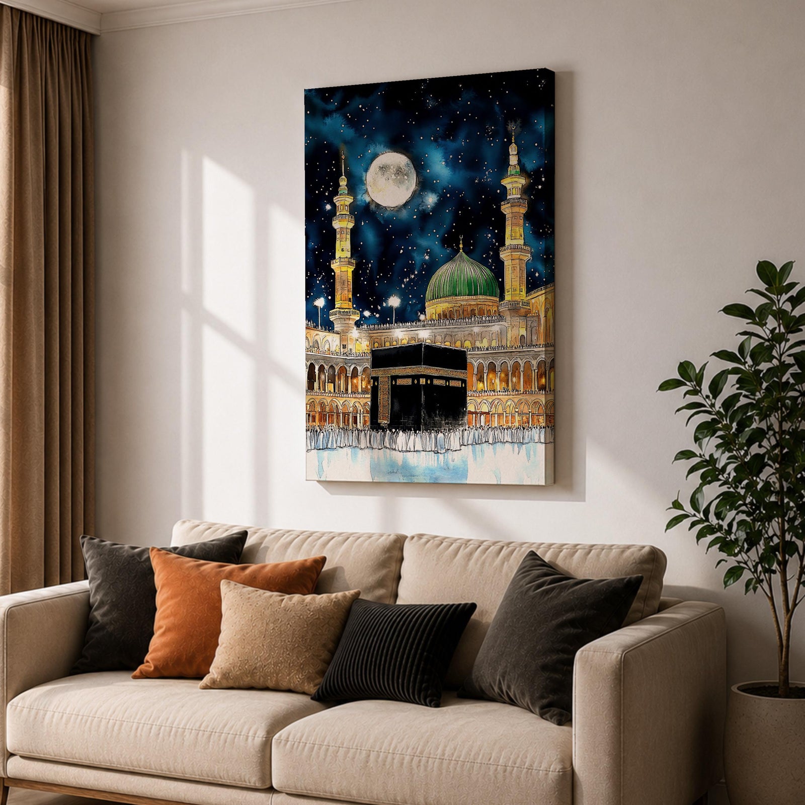 Painting of the Kaaba at Masjid Al Haram under a night sky filled with stars and a large full moon, surrounded by illuminated mosque arcades and tall minarets with pilgrims gathered around the sacred cube, while the green dome of Masjid Al Nabawi appears in the background within the composition.