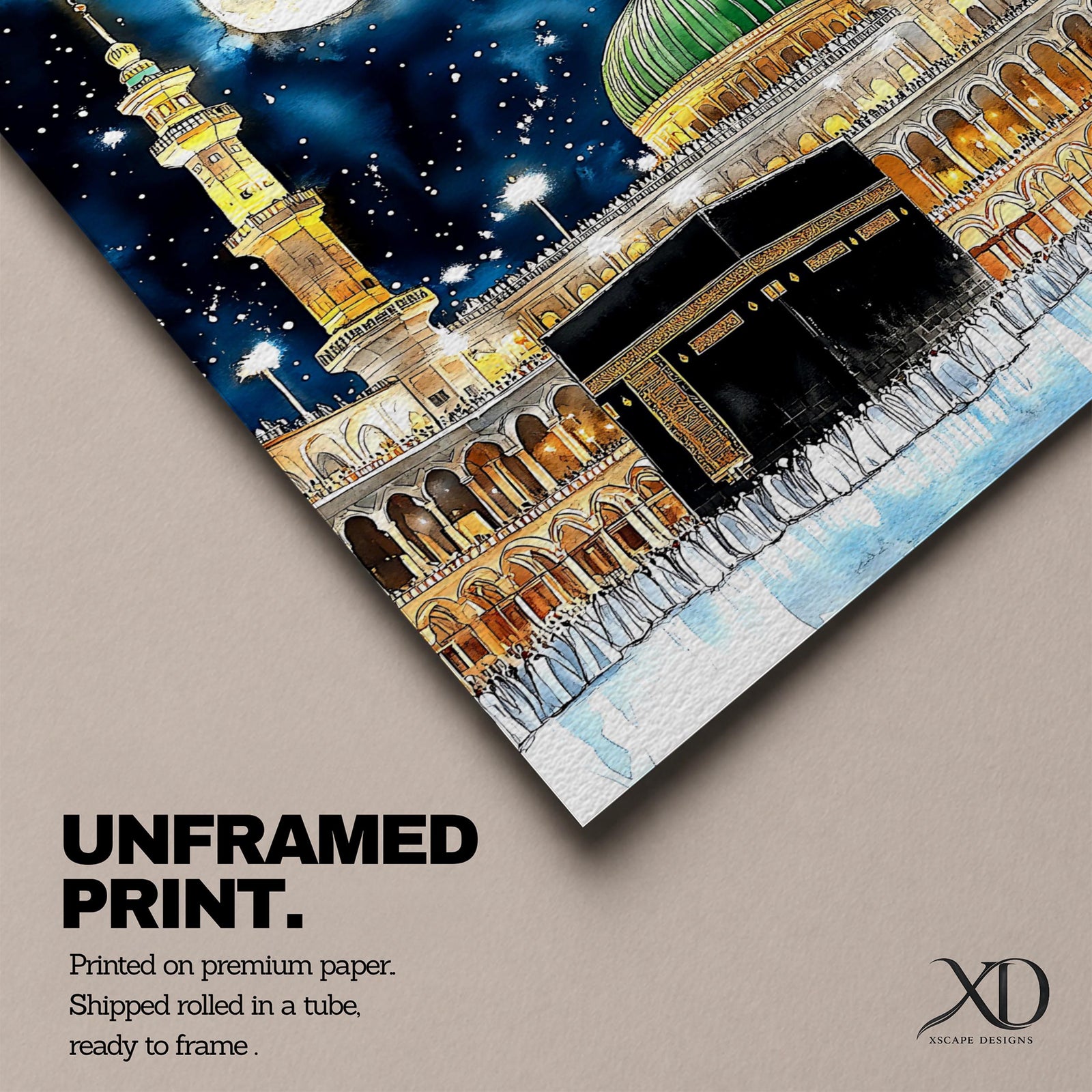Painting of the Kaaba at Masjid Al Haram under a night sky filled with stars and a large full moon, surrounded by illuminated mosque arcades and tall minarets with pilgrims gathered around the sacred cube, while the green dome of Masjid Al Nabawi appears in the background within the composition.