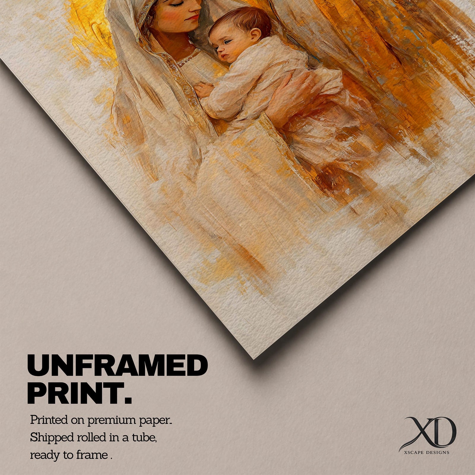 Painting of the Holy Family showing Mary and Joseph gently holding the infant Jesus together with soft golden halos behind their heads, Mary wearing a light veil and Joseph standing beside her, rendered in a warm vintage style with expressive brush textures and a devotional nativity composition centered on baby Jesus.