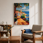 A vibrant Mediterranean coastal scene painted in bold brushstrokes depicts a charming beach house with terracotta roofs beside the deep blue ocean under a bright sky with scattered clouds. Lush greenery and colorful flowers frame the pathway leading to the water, rendered in a lively impressionistic style.
