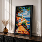 A vibrant Mediterranean coastal scene painted in bold brushstrokes depicts a charming beach house with terracotta roofs beside the deep blue ocean under a bright sky with scattered clouds. Lush greenery and colorful flowers frame the pathway leading to the water, rendered in a lively impressionistic style.