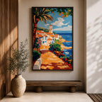 A vibrant Mediterranean coastal scene painted in bold brushstrokes depicts a charming beach house with terracotta roofs beside the deep blue ocean under a bright sky with scattered clouds. Lush greenery and colorful flowers frame the pathway leading to the water, rendered in a lively impressionistic style.