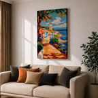 A vibrant Mediterranean coastal scene painted in bold brushstrokes depicts a charming beach house with terracotta roofs beside the deep blue ocean under a bright sky with scattered clouds. Lush greenery and colorful flowers frame the pathway leading to the water, rendered in a lively impressionistic style.