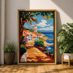 A vibrant Mediterranean coastal scene painted in bold brushstrokes depicts a charming beach house with terracotta roofs beside the deep blue ocean under a bright sky with scattered clouds. Lush greenery and colorful flowers frame the pathway leading to the water, rendered in a lively impressionistic style.