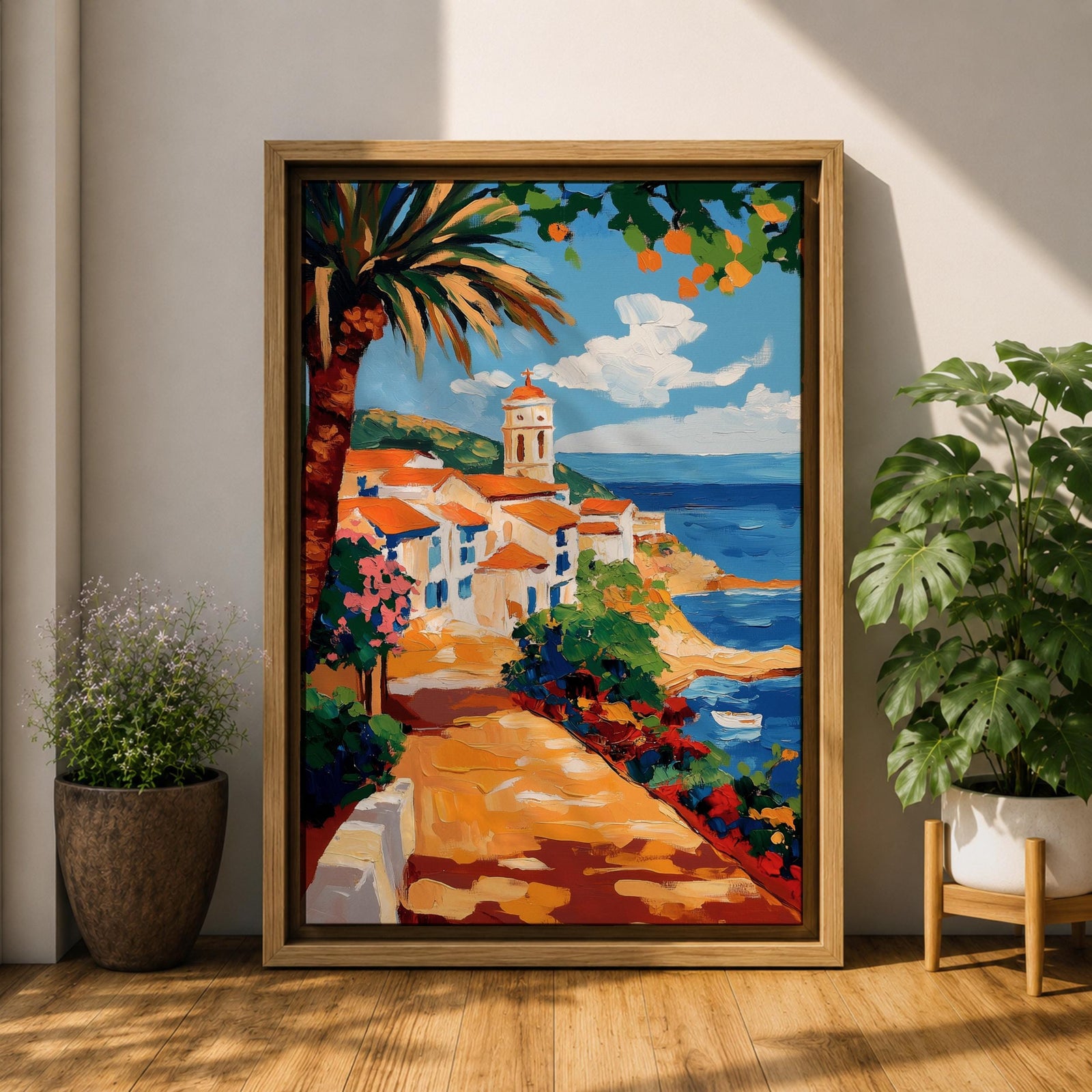 A vibrant Mediterranean coastal scene painted in bold brushstrokes depicts a charming beach house with terracotta roofs beside the deep blue ocean under a bright sky with scattered clouds. Lush greenery and colorful flowers frame the pathway leading to the water, rendered in a lively impressionistic style.