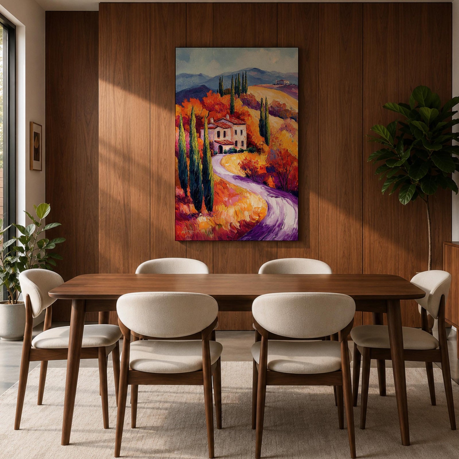 This impasto style painting depicts a winding road through the Tuscan countryside with tall cypress trees, vibrant autumn foliage, and rolling hills leading to a rustic villa. The textured brushstrokes emphasize the rich colors and depth of the Italian landscape scene.