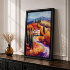 This impasto style painting depicts a winding road through the Tuscan countryside with tall cypress trees, vibrant autumn foliage, and rolling hills leading to a rustic villa. The textured brushstrokes emphasize the rich colors and depth of the Italian landscape scene.