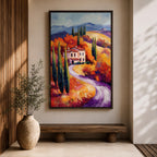 This impasto style painting depicts a winding road through the Tuscan countryside with tall cypress trees, vibrant autumn foliage, and rolling hills leading to a rustic villa. The textured brushstrokes emphasize the rich colors and depth of the Italian landscape scene.