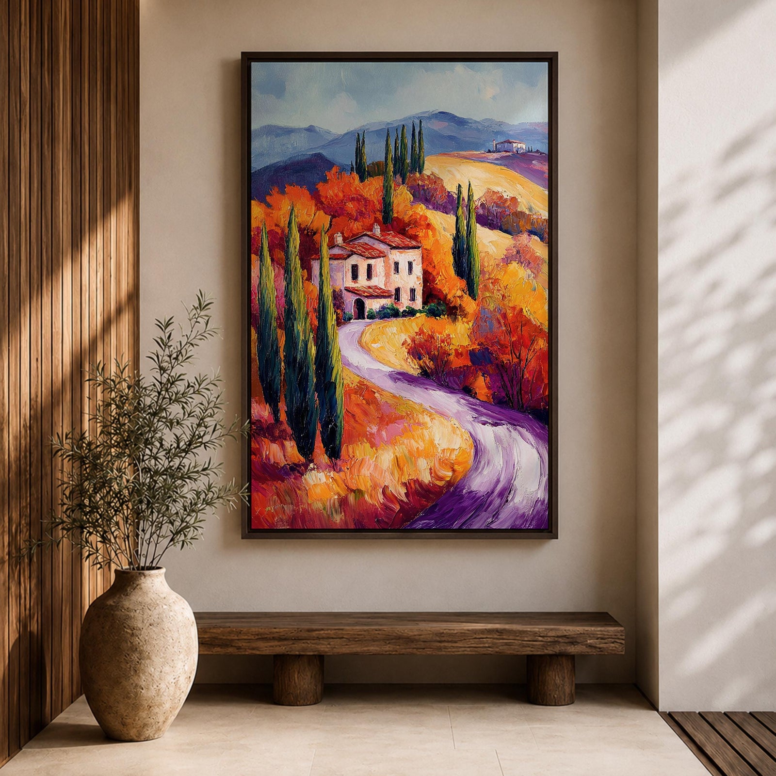 This impasto style painting depicts a winding road through the Tuscan countryside with tall cypress trees, vibrant autumn foliage, and rolling hills leading to a rustic villa. The textured brushstrokes emphasize the rich colors and depth of the Italian landscape scene.