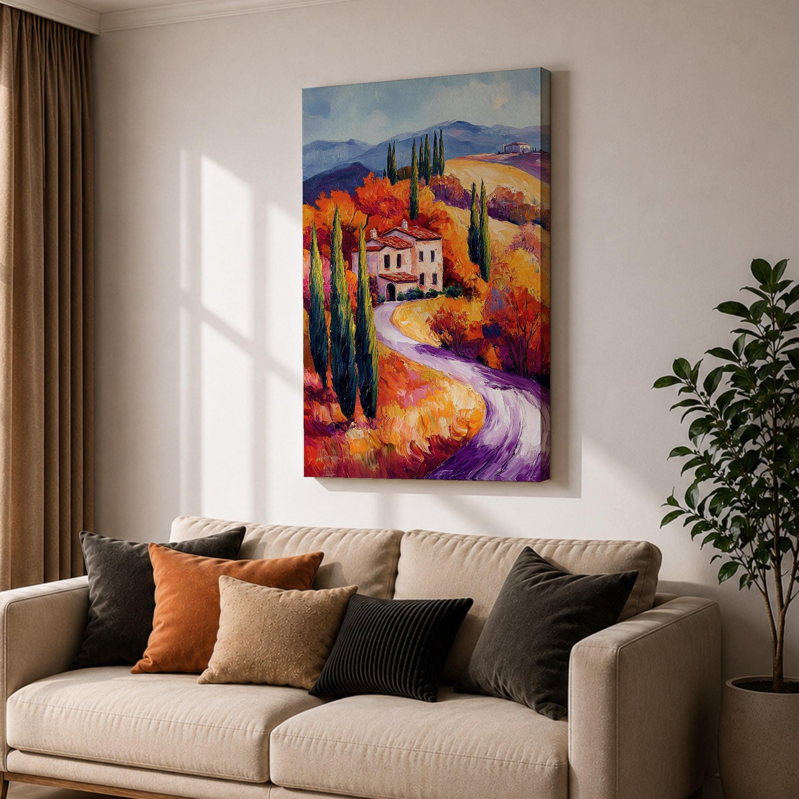 This impasto style painting depicts a winding road through the Tuscan countryside with tall cypress trees, vibrant autumn foliage, and rolling hills leading to a rustic villa. The textured brushstrokes emphasize the rich colors and depth of the Italian landscape scene.