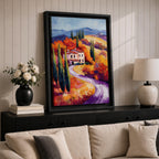 This impasto style painting depicts a winding road through the Tuscan countryside with tall cypress trees, vibrant autumn foliage, and rolling hills leading to a rustic villa. The textured brushstrokes emphasize the rich colors and depth of the Italian landscape scene.