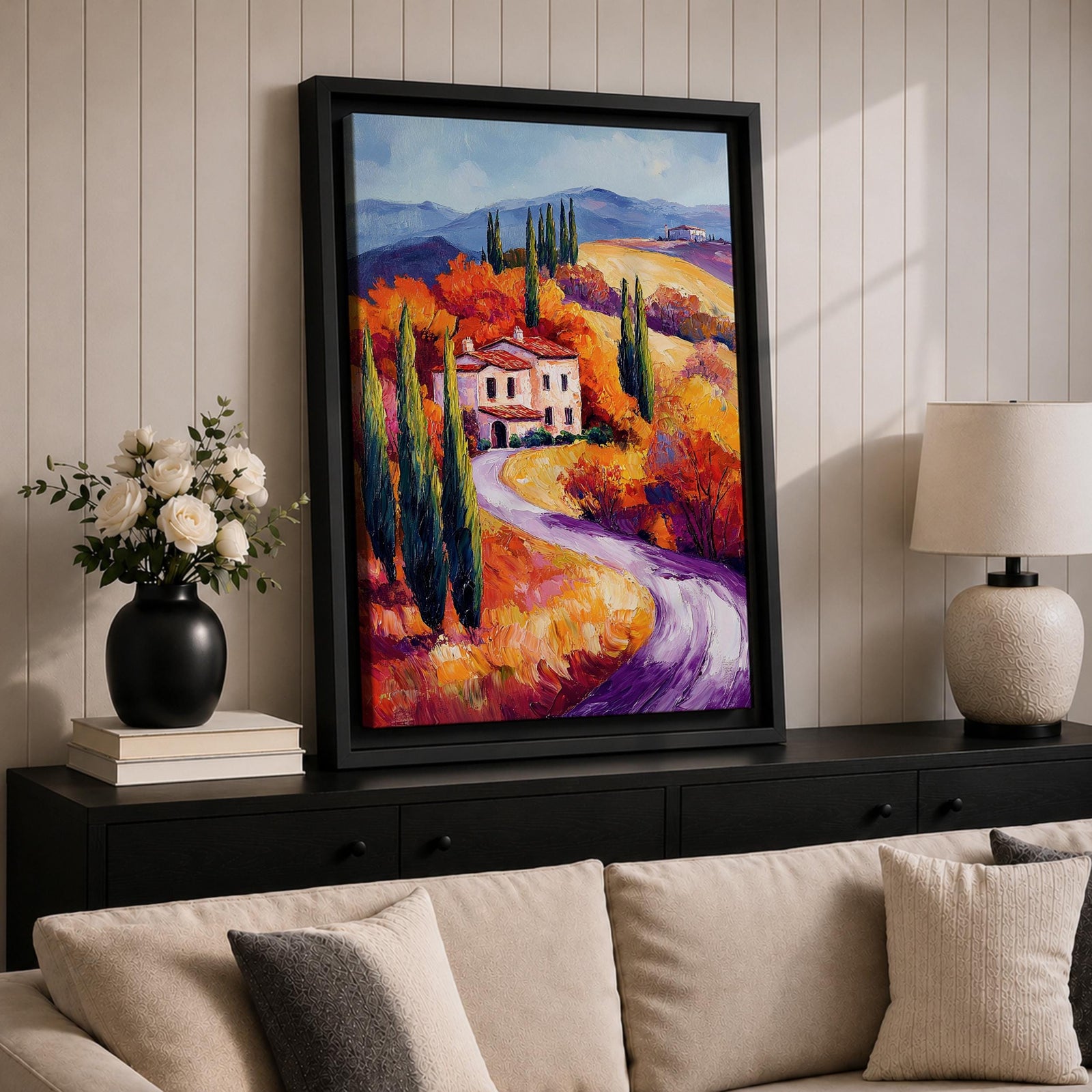 This impasto style painting depicts a winding road through the Tuscan countryside with tall cypress trees, vibrant autumn foliage, and rolling hills leading to a rustic villa. The textured brushstrokes emphasize the rich colors and depth of the Italian landscape scene.