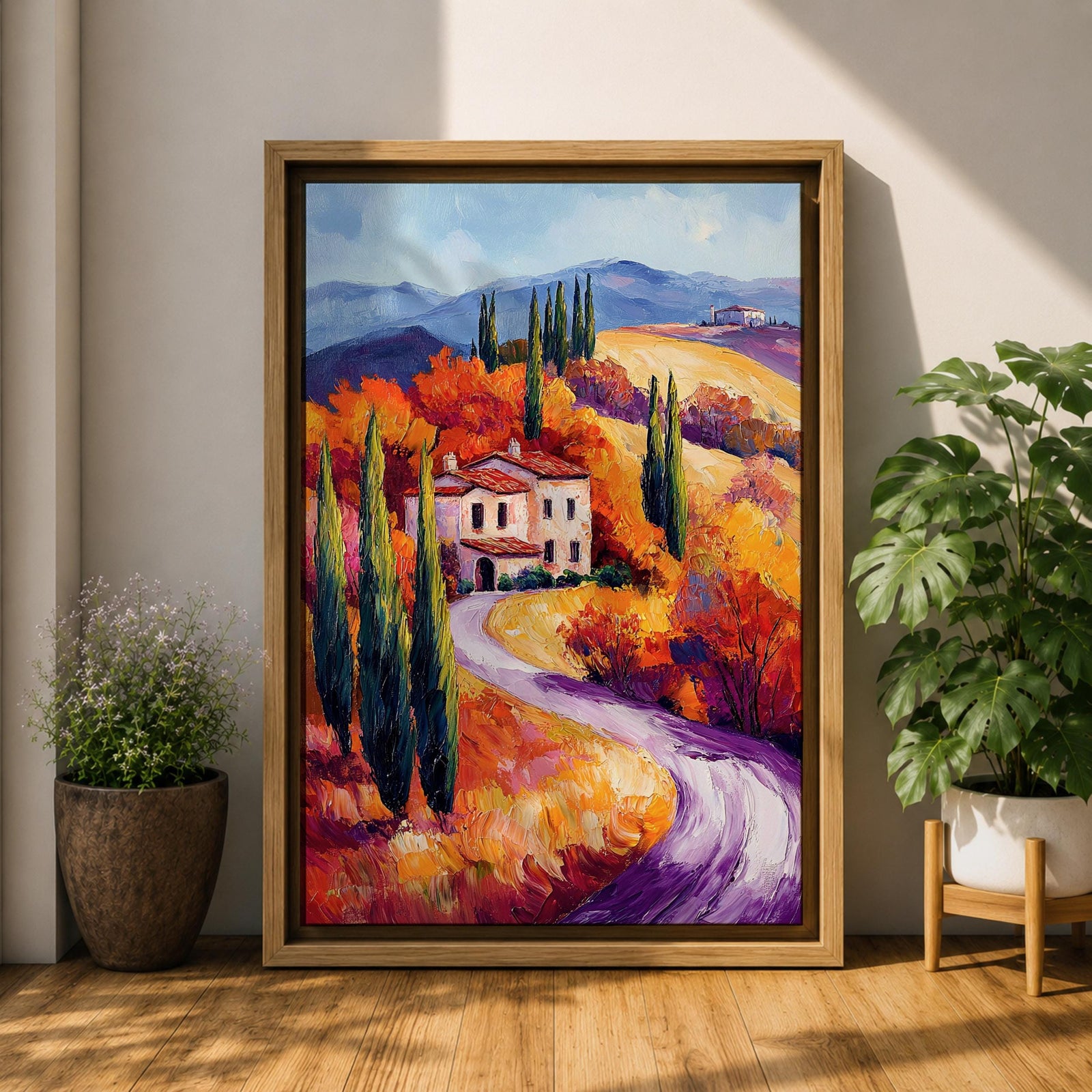 This impasto style painting depicts a winding road through the Tuscan countryside with tall cypress trees, vibrant autumn foliage, and rolling hills leading to a rustic villa. The textured brushstrokes emphasize the rich colors and depth of the Italian landscape scene.