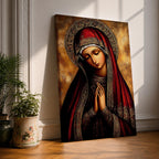 A detailed Byzantine icon style portrait of the Virgin Mary with a solemn expression, hands clasped in prayer, wearing a richly decorated red and gold robe and halo, rendered in a traditional religious art style with warm tones and intricate patterns.