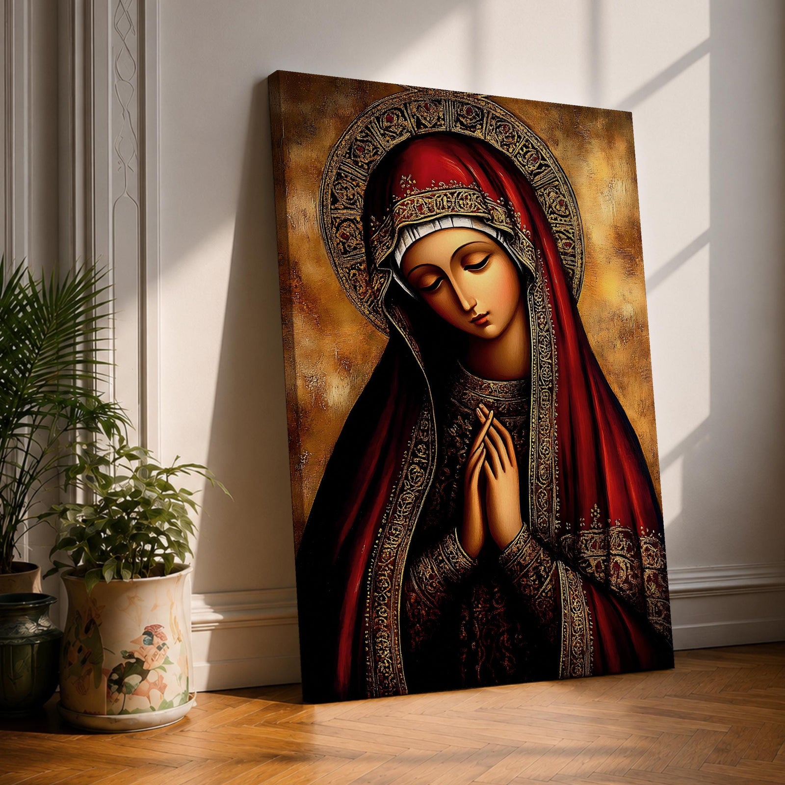A detailed Byzantine icon style portrait of the Virgin Mary with a solemn expression, hands clasped in prayer, wearing a richly decorated red and gold robe and halo, rendered in a traditional religious art style with warm tones and intricate patterns.
