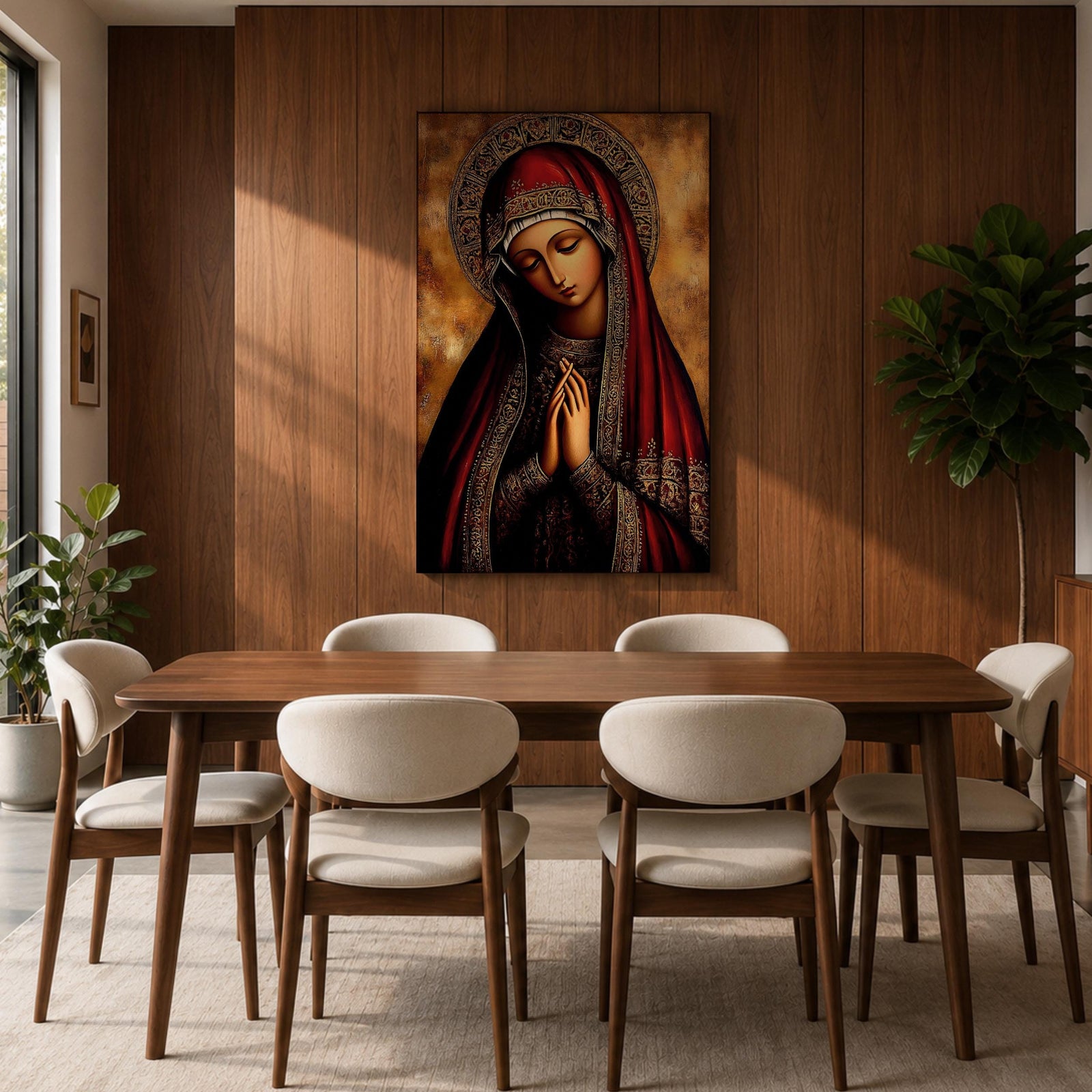 A detailed Byzantine icon style portrait of the Virgin Mary with a solemn expression, hands clasped in prayer, wearing a richly decorated red and gold robe and halo, rendered in a traditional religious art style with warm tones and intricate patterns.