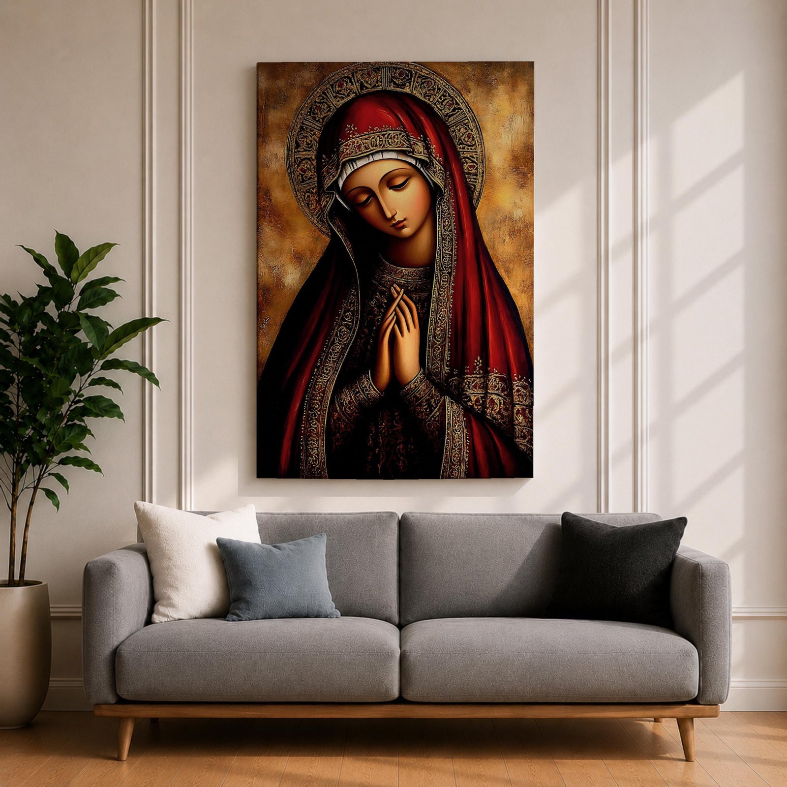A detailed Byzantine icon style portrait of the Virgin Mary with a solemn expression, hands clasped in prayer, wearing a richly decorated red and gold robe and halo, rendered in a traditional religious art style with warm tones and intricate patterns.