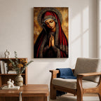 A detailed Byzantine icon style portrait of the Virgin Mary with a solemn expression, hands clasped in prayer, wearing a richly decorated red and gold robe and halo, rendered in a traditional religious art style with warm tones and intricate patterns.