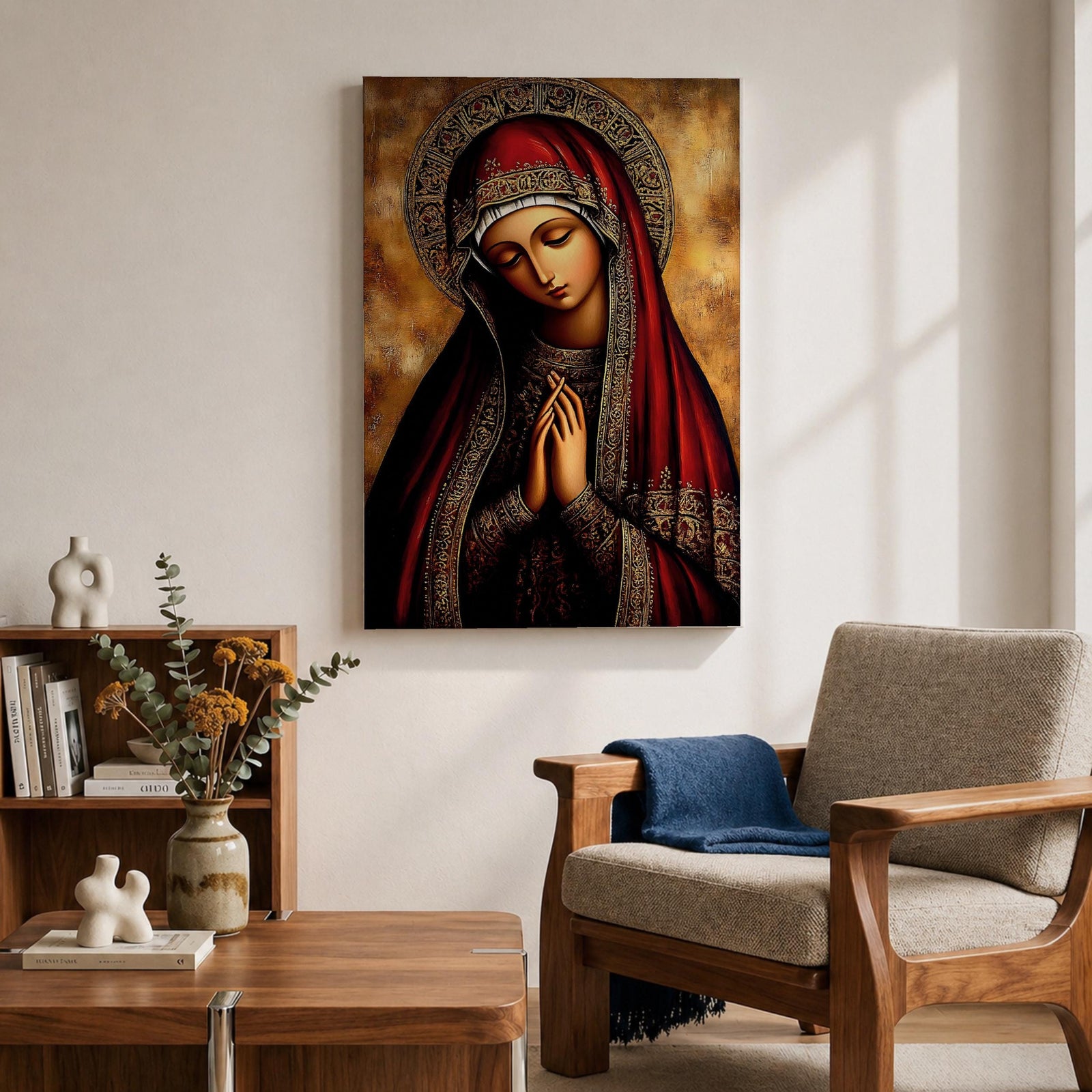 A detailed Byzantine icon style portrait of the Virgin Mary with a solemn expression, hands clasped in prayer, wearing a richly decorated red and gold robe and halo, rendered in a traditional religious art style with warm tones and intricate patterns.