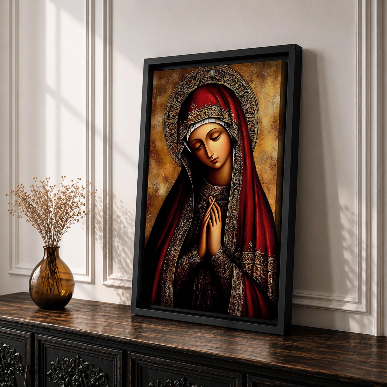 A detailed Byzantine icon style portrait of the Virgin Mary with a solemn expression, hands clasped in prayer, wearing a richly decorated red and gold robe and halo, rendered in a traditional religious art style with warm tones and intricate patterns.