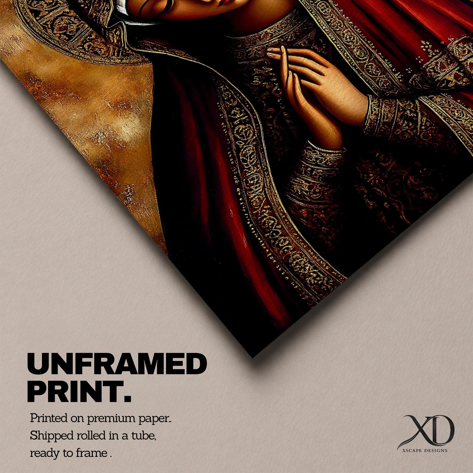 A detailed Byzantine icon style portrait of the Virgin Mary with a solemn expression, hands clasped in prayer, wearing a richly decorated red and gold robe and halo, rendered in a traditional religious art style with warm tones and intricate patterns.